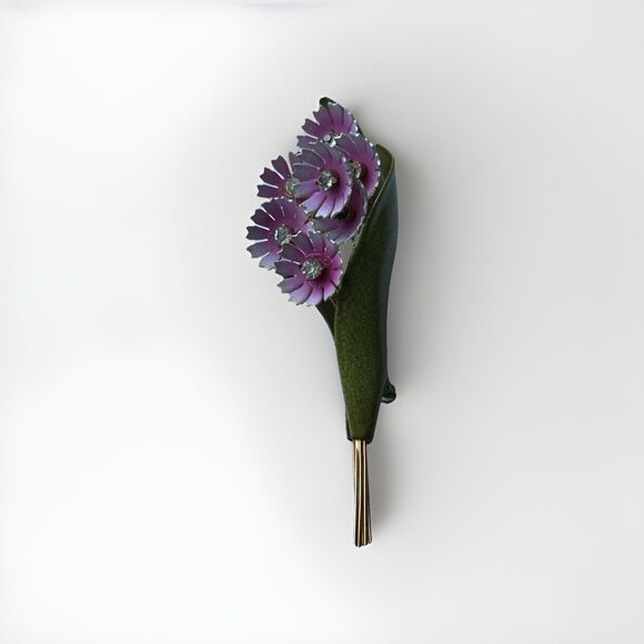 Vintage Coro Enamel Flower Pink & Green Brooch Pin Rhinestone Centers 1950-s - Picture 1 of 4